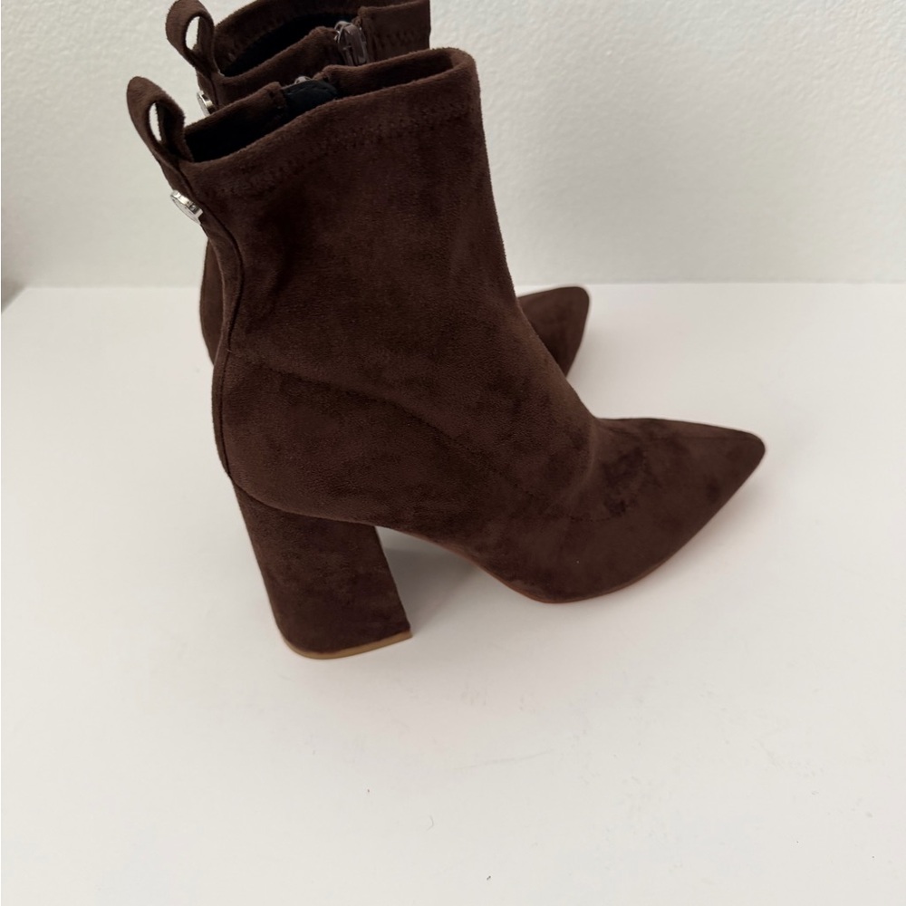 Steve Madden Falona Brown Stretch Moleskin Heeled Ankle Booties sz 7 Pointed Toe - Picture 4 of 7